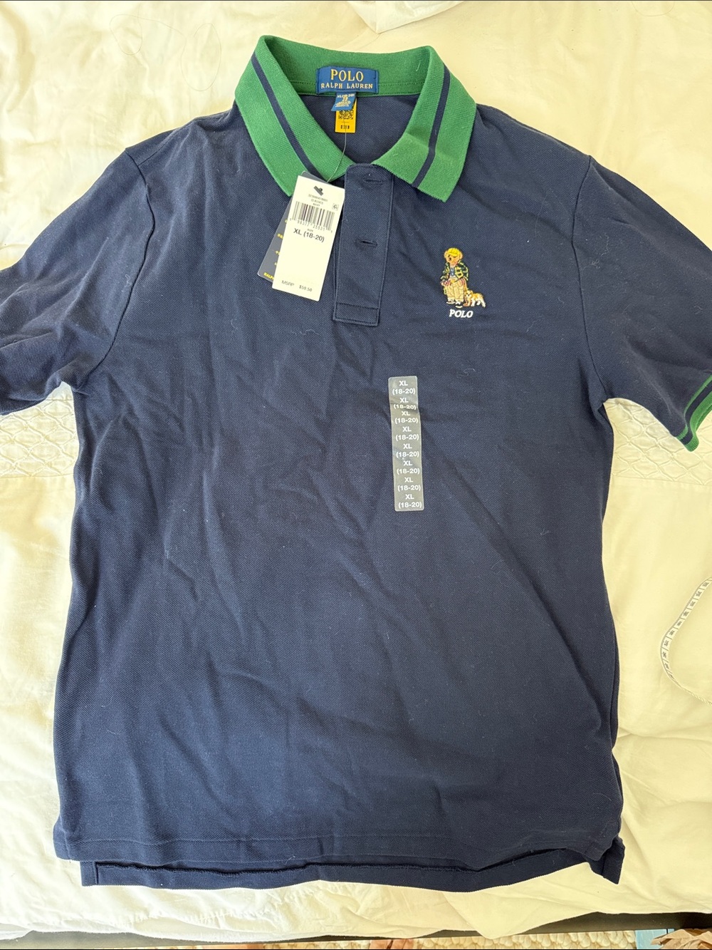 NWT Polo by Ralph Lauren Navy Polo with Green-Trim Collar and Embroidered Bear